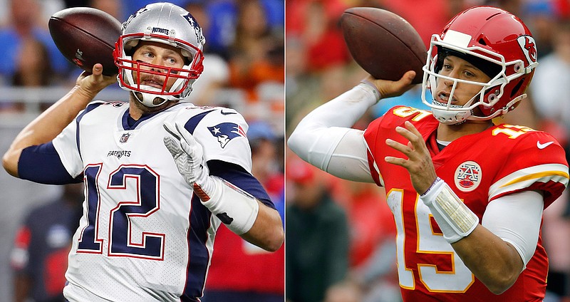 At left, in a Sept. 23, 2018, file photo, New England Patriots quarterback Tom Brady throws during the first half of an NFL football game against the Detroit Lions, in Detroit. At right, in an Oct. 7, 2018, file photo, Kansas City Chiefs quarterback Patrick Mahomes (15) throws a pass during the first half of an NFL football game against the Jacksonville Jaguars, in Kansas City, Mo. One is the sixth-round pick that became arguably the greatest quarterback in NFL history. The other is the first-round choice in his first full season as starter. Yet there are similarities between the Patriots' Tom Brady and the Chiefs' Patrick Mahomes, and some day their resumes may be similar, too. (AP Photo/File)