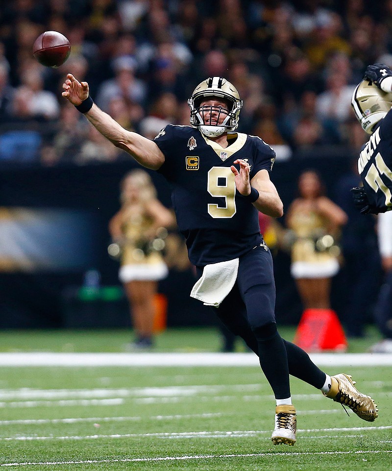 In this Dec. 23, 2018, file photo, New Orleans Saints quarterback Drew Brees (9) against the Pittsburgh Steelers in New Orleans. Drew Brees is about to play his first game at 40. It's also the biggest game he's played in nine seasons and a Super Bowl is on the line. (AP Photo/Butch Dill, File)