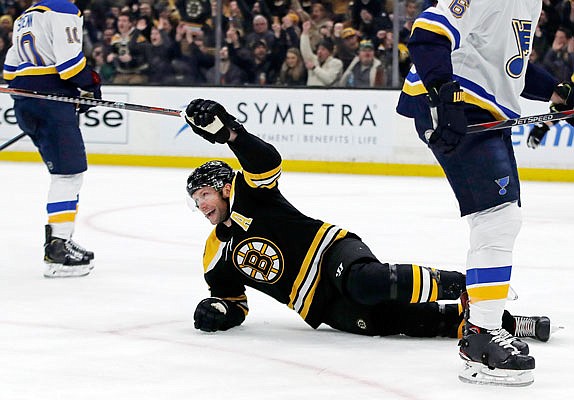 Bruins right wing David Backes celebrates his goal during the second period of Thursday night's game against the Blues in Boston.