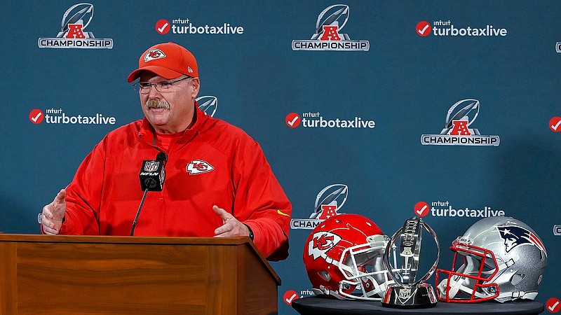 Kansas City Chiefs coach Andy Reid speaks during a news conference Wednesday, Jan. 16, 2019, in Kansas City, Mo. The Chiefs are scheduled to play the New England Patriots for the NFL football AFC championship Sunday. (John Sleezer/The Kansas City Star via AP)