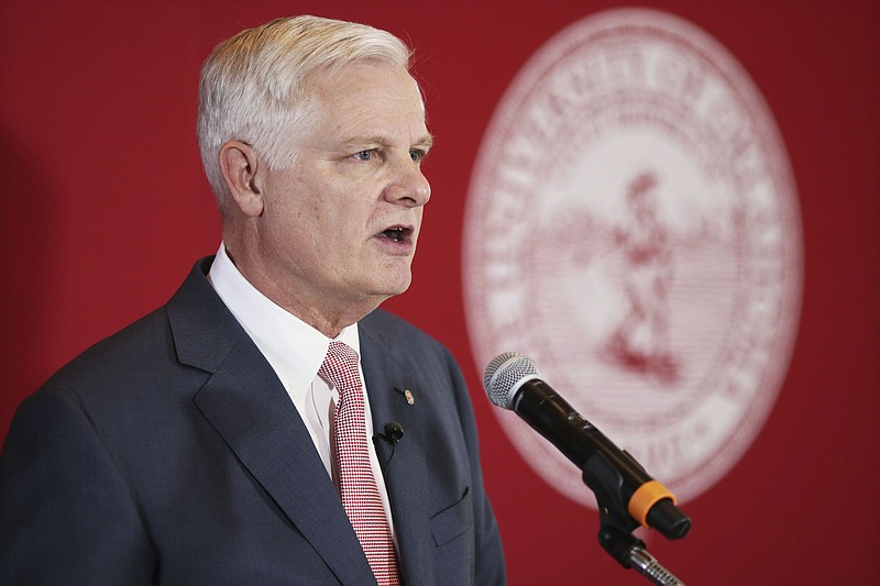 University of Oklahoma President, James Gallogly, addresses the media at the school in Norman, Okla., Monday, Jan. 21, 2019, to talk about a video that showed an OU student wearing black face. Two OU students have voluntarily withdrawn from the school after one appeared in the video posted on social media wearing black face paint and using a racial epithet, Gallogly said Monday. (Doug Hoke/The Oklahoman via AP)