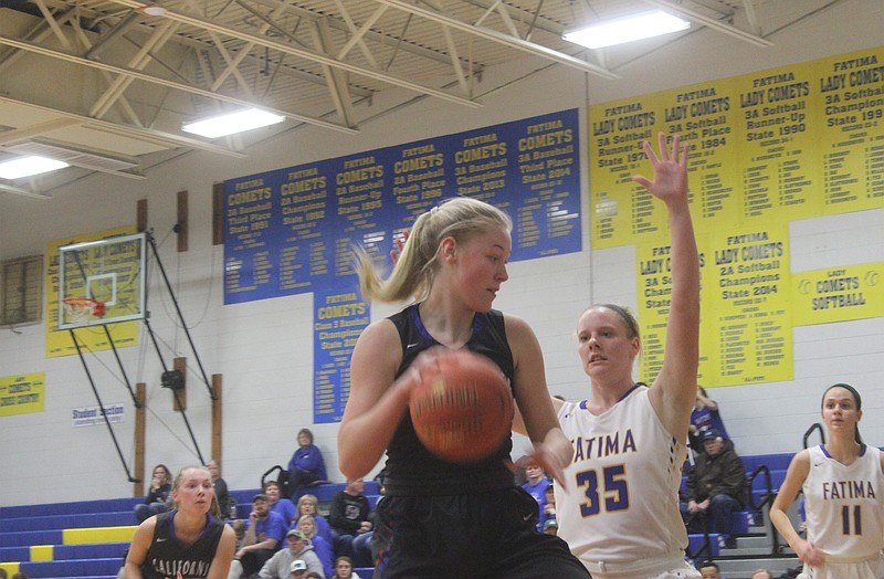 <p>Democrat photo/ Kevin Labotka</p><p>Paige Lamm goes against a defender during California’s 48-46 win over Fatima, Jan. 21.</p>