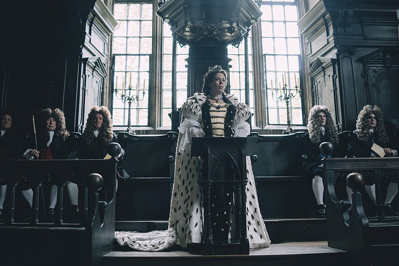 This image released by Fox Searchlight Films shows Olivia Colman in a scene from the film "The Favourite." On Tuesday, Jan. 22, 2019, the film was nominated for an Oscar for best picture. The 91st Academy Awards will be held on Feb. 24, 2019. (Atsushi Nishijima/Fox Searchlight Films via AP)