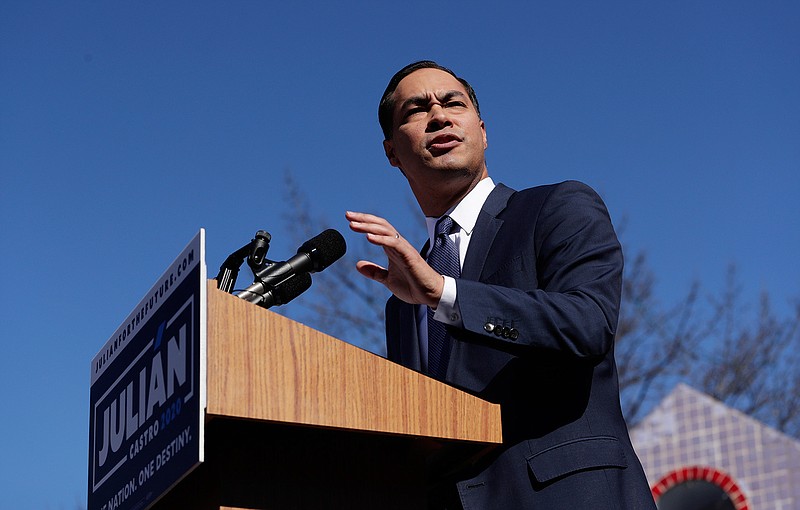  In this Saturday, Jan. 12, 2019, file photo, former San Antonio Mayor and Housing and Urban Development Secretary Julian Castro speaks during an event where he announced his decision to seek the 2020 Democratic presidential nomination, in San Antonio. Castro launched his campaign by pledging support for "Medicare for All," free universal preschool, a large public investment in renewable energy and two years of free college for all Americans. (AP Photo/Eric Gay, File)
