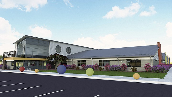 Pleasant Grove's new elementary will be a 70,000-square-foot building that includes 33 full classrooms, a gym, cafeteria, offices, special education space, a media center and four hallways or pods. Artist's rendering courtesy of Lewis Architects