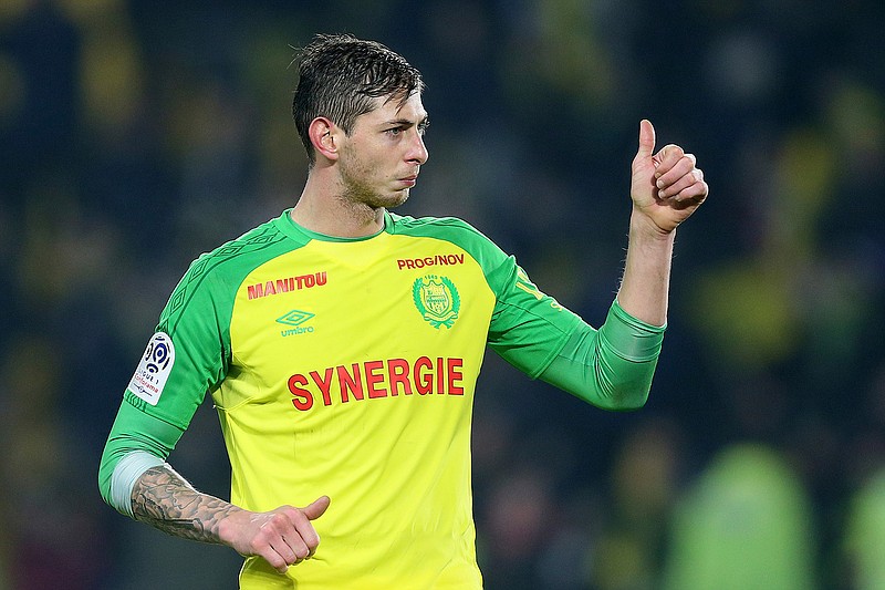 In this his picture taken on Jan. 14, 2018, Argentine soccer player, Emiliano Sala, of the FC Nantes club, western France, gives a thumbs up during a soccer match against PSG in Nantes, France. The French civil aviation authority says Emiliano Sala was aboard a small passenger plane that went missing off the coast of the island of Guernsey. (AP Photo/David Vincent)