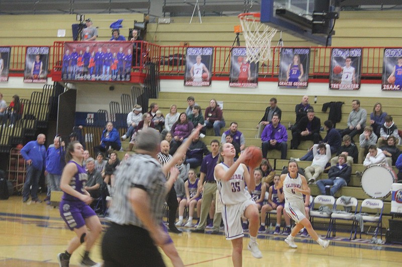 Hailey Cain goes for a layup during California's 67-34 win over Hallsville, Jan. 25, 2019.