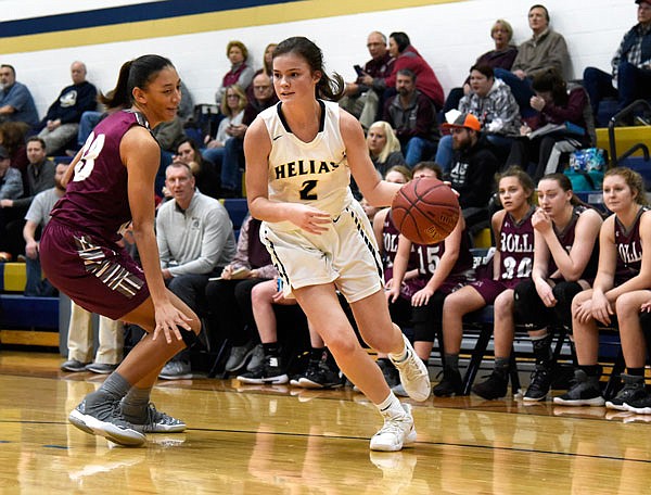 Helias guard Lindsey Byers drives toward the basket past Rolla's Savannah Campbell during the first half of Monday night's game at Rackers Fieldhouse.