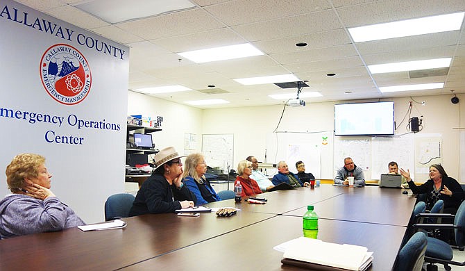 County officials and citizen advisory committee members gathered in the Emergency Operations Center on Monday to learn about space issues facing county facilities. Those present included Rosemary Gannaway, left, Gracia Backer, Judge Carol England, Lori Twillman, Charles Jackson, John Farley, Commissioner Roger Fisher, Jason Bedsworth, Sheriff Clay Chism, architect Jennifer Wilson and Commissioner Gary Jungermann (not pictured).