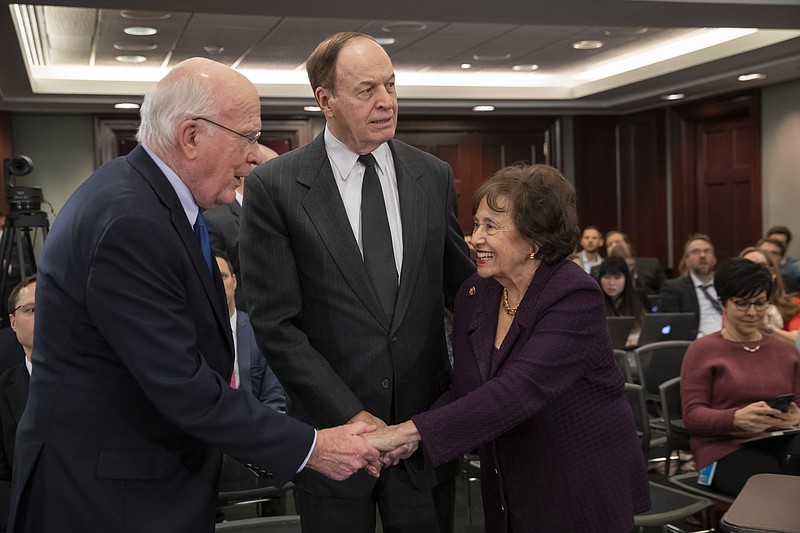 From left, Sen. Patrick Leahy, D-Vt., ranking member of the Senate Appropriations Committee, Sen. Richard Shelby, R-Ala., chair of the Senate Appropriations Committee, and House Appropriations Committee Chair Nita Lowey, D-N.Y., greet each other as a bipartisan group of House and Senate bargainers meet to craft a border security compromise in hope of avoiding another government shutdown, at the Capitol in Washington, Wednesday, Jan. 30, 2019.  (AP Photo/J. Scott Applewhite)
