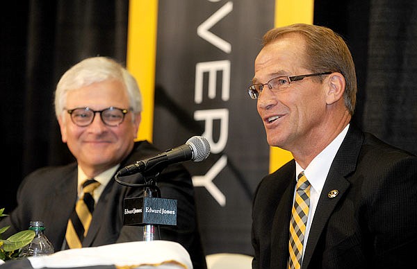 In this Aug. 11, 2016, file photo, Missouri athletic director Jim Sterk takes questions from the media during a press conference at the Columns Club in Memorial Stadium.