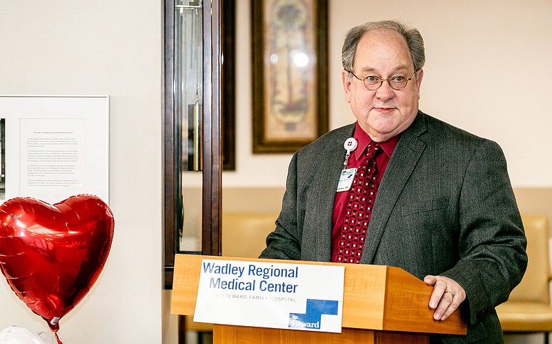 Wadley Regional Medical Center President Thomas Gilbert speaks Friday during a press conference at the hospital. Wadley's chest pain center has become the first in Texarkana to receive an accreditation by the American College of Cardiology.
