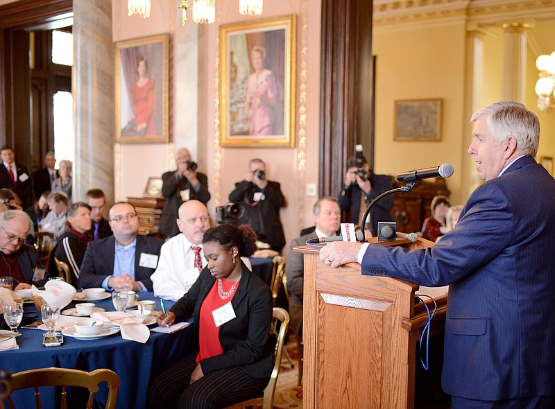 Sally Ince/ News Tribune
Gov. Mike Parson speaks to reporters January 31, 2019, during the Associated Press and Missouri Press Association lunch at the Governor's Mansion. The governor met with press staff and discussed what he plans to acheive throughout the state. 