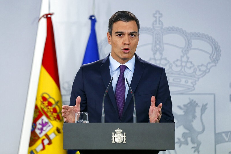 Spain's Prime Minister Pedro Sanchez delivers a statement at the Moncloa Palace in Madrid, Spain, Monday, Feb. 4, 2019. Sanchez told reporters "we are working for the return of full democracy in Venezuela", as Spain, France, and Sweden join countries that have recognized Venezuelan opposition leader Juan Guaido as the nation's interim president.