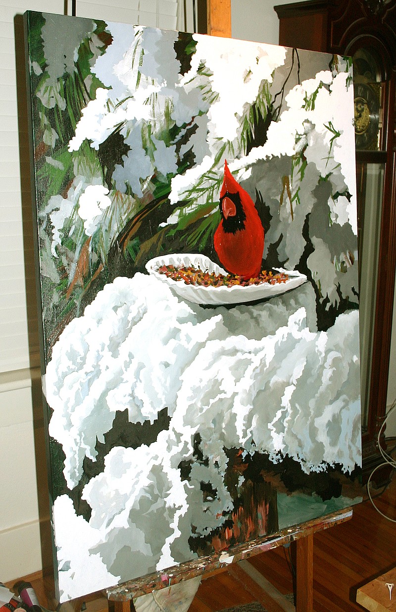 (Courtesy of Jim Dyke) This 4-by-3-foot oil painting in progress by artist Jim Dyke depicts a Cardinal that was sitting on a post and eating seeds from a paper plate in the 15-inch January snow three weeks ago. 