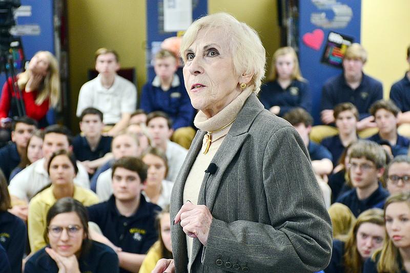 Rachel Miller, a Polish Holocaust survivor, speaks Wednesday with Helias Catholic High School students about her experiences. Miller, who now lives in St. Louis, was born in 1933 and will be 86 in May.