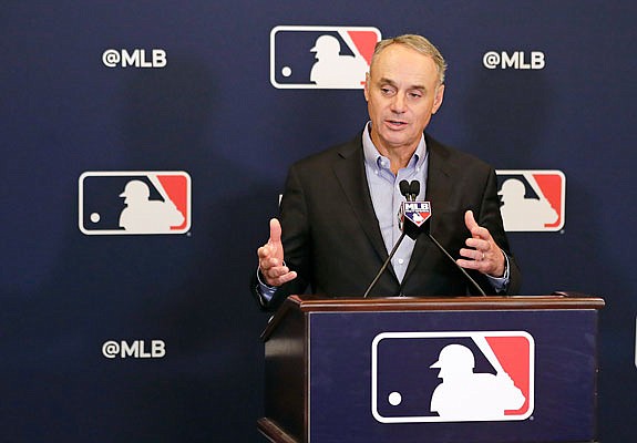 MLB commissioner Rob Manfred speaks during a news conference at owners meetings Friday in Orlando, Fla.