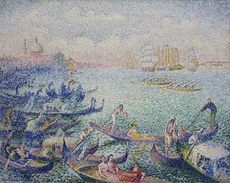This image provided by the Museum of Fine Arts, Houston, shows Henri-Edmond Cross' "Regatta in Venice" from 1903/04, which is currently on show at the Barberini Museum in Potsdam, near Berlin. The painting is on loan from the Museum of Fine Arts in Houston. The heirs of a Jewish collector say the painting was stolen from their family by the Nazis, and have filed a legal request for its return, a German newspaper reported Wednesday, Jan. 30, 2019. (Courtesy of Museum of Fine Arts, Houston via AP)