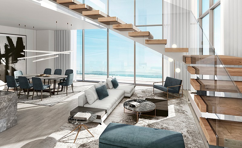 This rendering provided by Perkins+Will Dubai shows the living and dining area in an apartment in Saudi Arabia. Light colored flooring will subtly make a room feel more spacious, and luminous, says architectural designer Elina Cardet. (Perkins+Will Dubai via AP)
