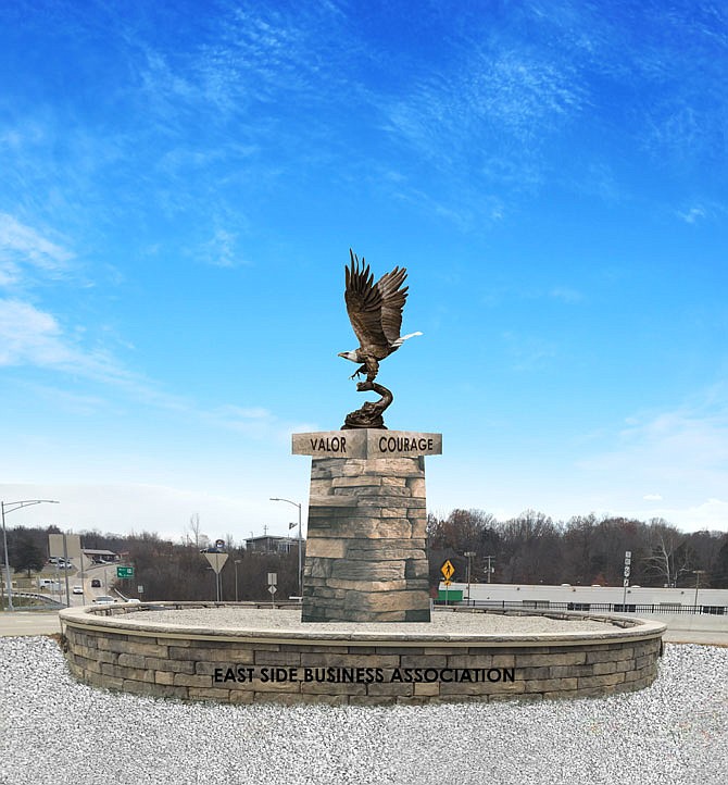 The East Side Business Association and American Legion Post 5 have proposed patriotic roundabouts at the intersection of East McCarty and U.S. 50, seen in this artist's renderings. The north roundabout, pictured, will contain a 6-foot-tall eagle statue, and the south roundabout, will showcase a 40-foot-tall flagpole and a pentagon-shaped monument.