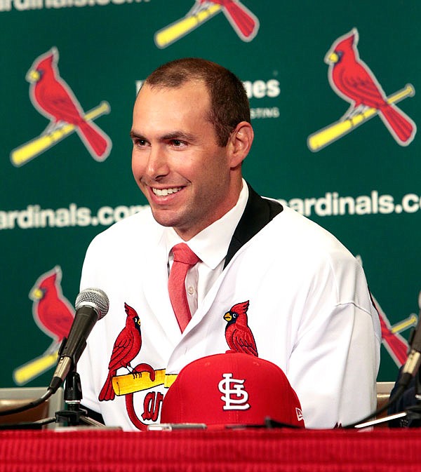 In this Dec. 7, 2018, file photo, Paul Goldschmidt speaks at a news conference at Busch Stadium after he was traded from the Diamondbacks to the Cardinals this offseason.
