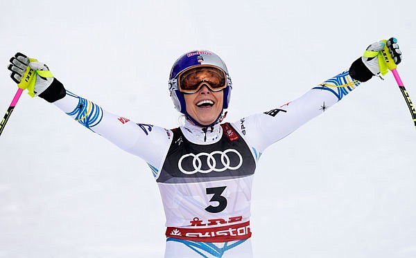 Lindsey Vonn smiles in the finish area after the women's downhill race Sunday at the Alpine Ski World Championships in Are, Sweden.