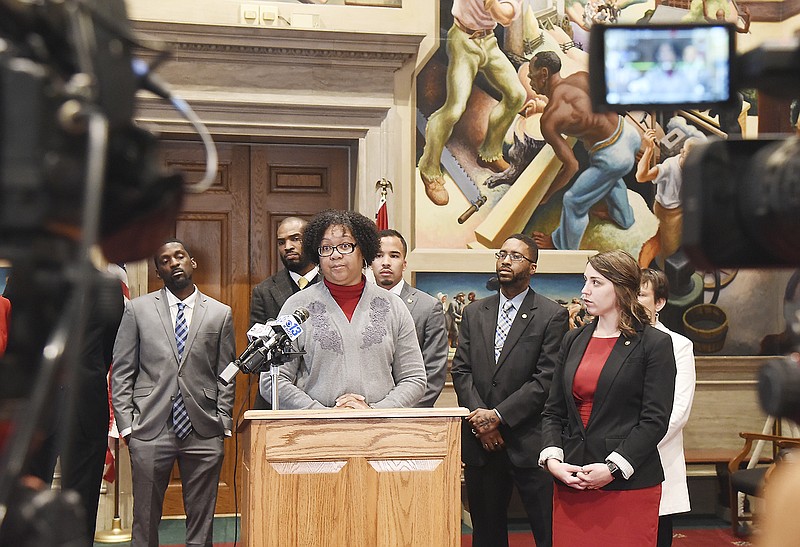 Rep. Barbara Washington, D-Kansas City, along with several members of the Black Caucus and Democrats from the House of Representatives, took to the podium Monday during a news conference to talk about proposed legislation decriminalizing marijuana possession for holding 35 grams or less.