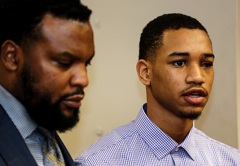 DaQuan Huey, speaks for the first about the incident that left blind in his left eye at the Texarkana District Attorney's Office in Texarkana, Texas on Tuesday, February 12, 2019. Huey was shot, allegedly, at close range by a Texarkana Texas police officer's JPX gun when trying to break up a fight on January 27, 2019. The damage from the impact of the shot severely damaged his left eye and according to doctors, has permanently lost vision.