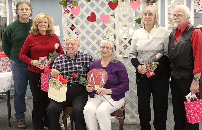 Glen and Kathy Shoemaker, center, were named King and Queen Feb. 11 at the California Nutrition Center's Fun Nite. Members of their court are, left, Bill and Lana Dicus and Skeet and Carol Reeves. Not pictured is J and Eileen Gattemeier.
