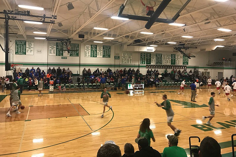 Blair Oaks and California warm up before their contest Feb. 12, 2019 in Wardsville.