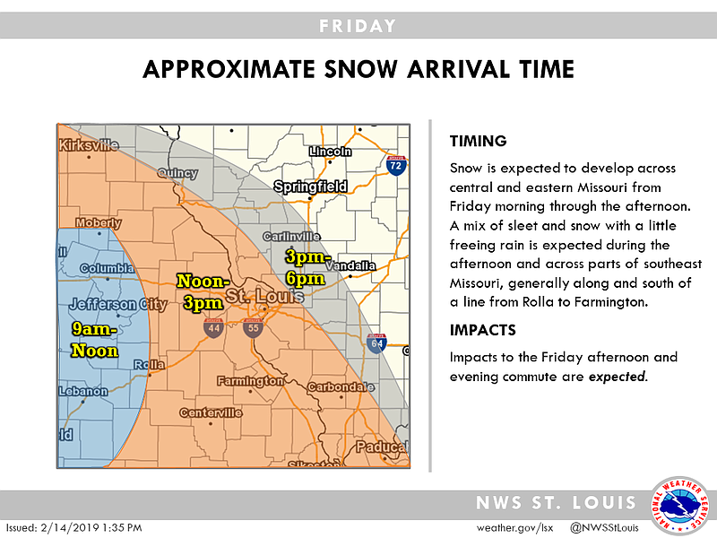 The National Weather Service in St. Louis expects snow to develop across central and eastern Missouri from morning through afternoon Friday, Feb. 15, 2019.