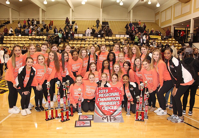 The Texas HighSteppers of Texas High School were recently named to the Regional Champion Winner's Circle during the Marching Auxiliaries Rose Capital Regional Competition in Tyler, Texas. Shown are, first row from left: Madison Bowers, Allie Graves, Sarah Grace Boudreaux, Isabelle Robertson and Candra Thompson. Second row: Meredith Green, Madison Brown, Kayla Ebel and Evelyn Patterson. Third row: Endsley Norman, Helen Clark Hays, Emma McMillen, Lily Sewell, Raven Ivory, Briannah Hall, Madison Kennemore, Malley Wallace, Zaria Dunn, Hollan Borowitz, Chloe Page, Olivia Bruggman, Gabby Leon and Kenzie Stevens. Fourth row: Mary Claire Wright, Leila Kinney, Olivia George, Rylee McDuffie, Brooke Knight, Mary Jane Bray, Tatum Haugh, Mallory Hackworth and Morgan Williams. (Submitted photo)
