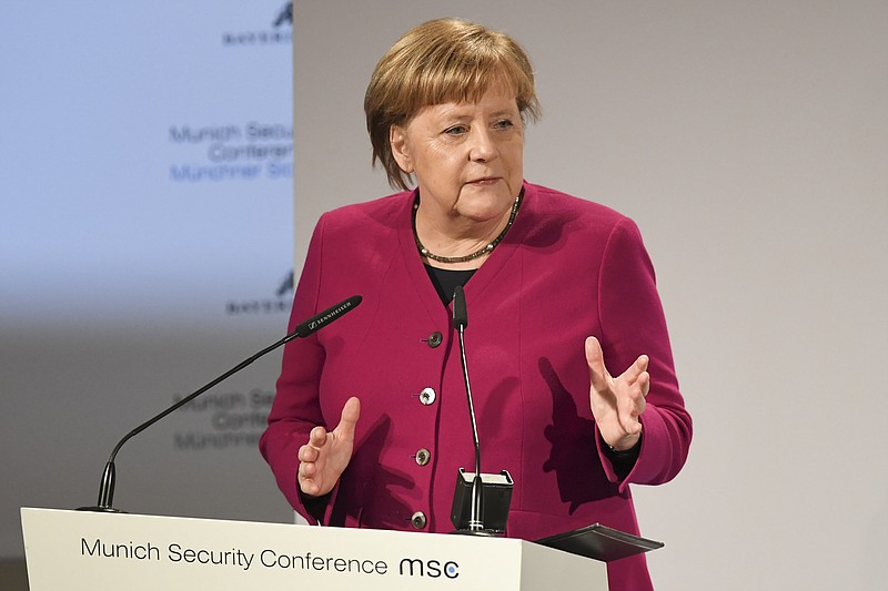German Chancellor Angela Merkel delivers her speech during the Munich Security Conference in Munich, Germany, Saturday, Feb. 16, 2019. (AP Photo/Kerstin Joensson)