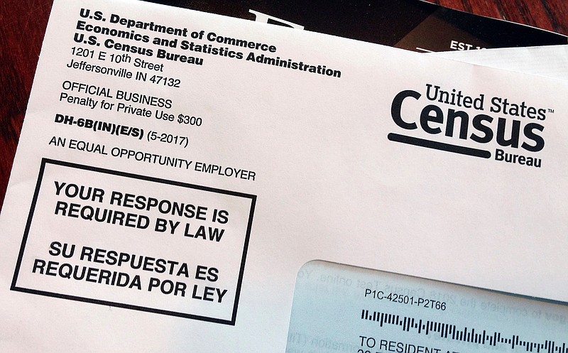 FILE - This March 23, 2018, file photo shows an envelope containing a 2018 census letter mailed to a U.S. resident as part of the nation's only test run of the 2020 Census.  The Supreme Court will decide whether the 2020 census can include a question about citizenship that could affect the allocation of seats in the House of Representatives and the distribution of billions of dollars in federal money.(AP Photo/Michelle R. Smith, File)