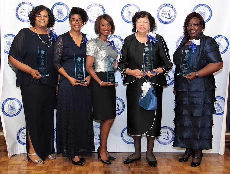 Five local and very accomplished ladies received honor and recognition Saturday evening for their service to the Texarkana area during the 24th annual Tribute to African-American Women Awards Banquet.  Pictured, from left, are Angela Featherson, Angela Pickett-Murphy, LaMoya Burks, Dorthy King Pace and Yolanda Wise-Johnson.