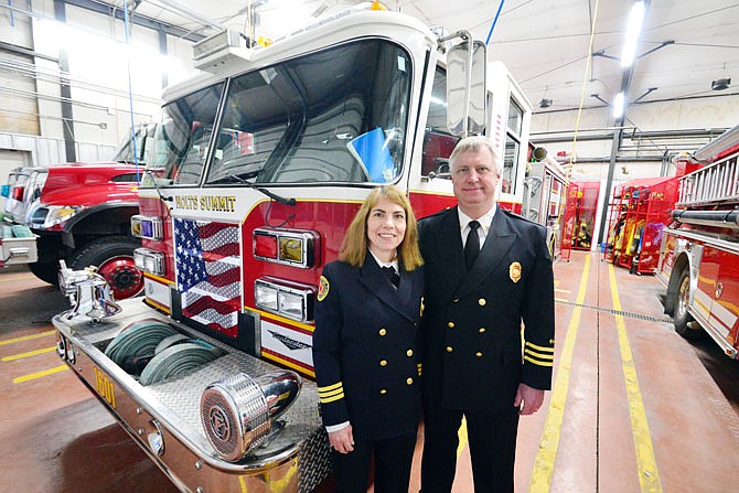 Lisa and Allen Wehmeyer are shown Tuesday at the Holts Summit Fire Department. the married couple, who are assistant chiefs and training officers at the Holts Summit Fire Protection District, were recently awarded the Missouri Division of Fire Safety's Training Officers of the Year.