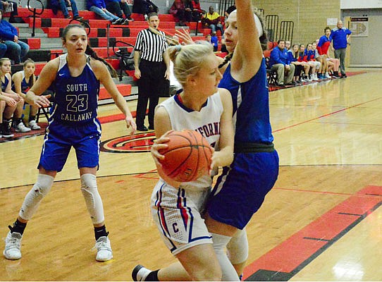Makayla Schanzmeyer of California looks to make a pass during a game against South Callaway in the Capital City Shootout in mid-December at Fleming Fieldhouse. California and South Callaway are scheduled to start Class 3 District 9 Tournament play today in Linn.