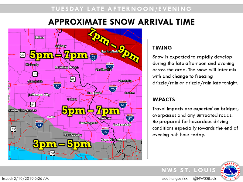 The National Weather Service in St. Louis has issued a Winter Weather Advisory affecting parts of Mid-Missouri starting at 5 p.m. Tuesday, Feb. 19, 2019, and extending through 6 a.m. Wednesday, Feb. 20, 2019.