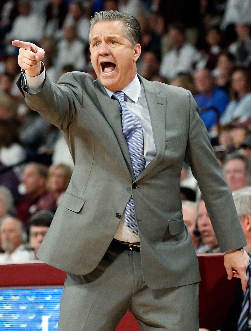Kentucky head coach John Calipari calls out to his team during the second half against Mississippi State on Feb. 9 in Starkville, Miss. Kentucky won, 71-67.