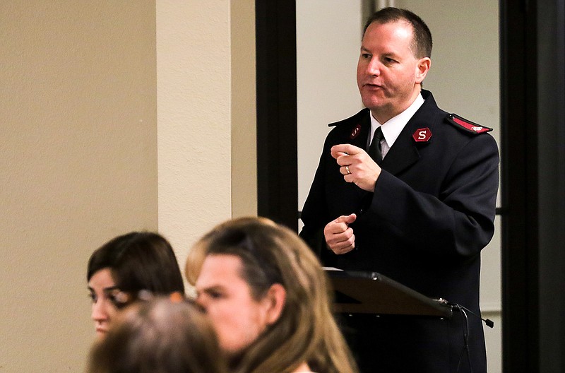 Salvation Army Commander Major David Feeser speaks Tuesday to elected officials about homelessness and what can be done to help out the community at the quarterly Joint Texarkana Community Committee in Texarkana, Texas. Officials heard from experts and advocates who work closely with the homeless about issues and improvements that need to happen to help support the community.