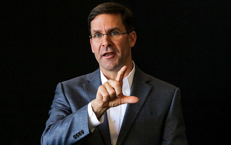 Secretary of the Army Mark Esper speaks at a press conference about his tour at Red River Army Depot and its role in Army readiness and contribution to national security at the Texarkana Regional Airport in Texarkana, Ark., on Wednesday, February 20, 2019.