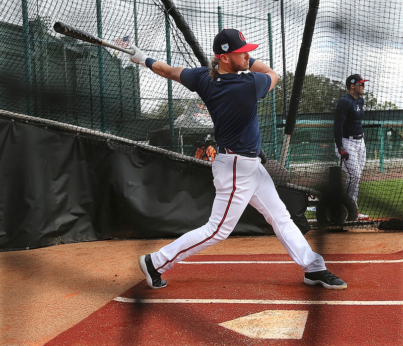 Atlanta Braves newly acquired third baseman Josh Donaldson takes some swings during batting practice during spring training baseball practice, Wednesday, Feb. 20, 2019, in Kissimmee, Fla. (Curtis Compton/Atlanta Journal-Constitution via AP)