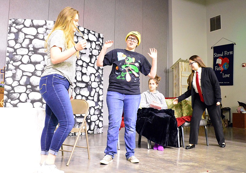 Liz Witworth, a student at Calvary Lutheran High School, directs other students rehearsing "Crushed" Tuesday, Feb. 19, 2019, in advance of the Senior One-Act Festival scheduled for Feb. 28 and March 1 at the high school in Jefferson City.