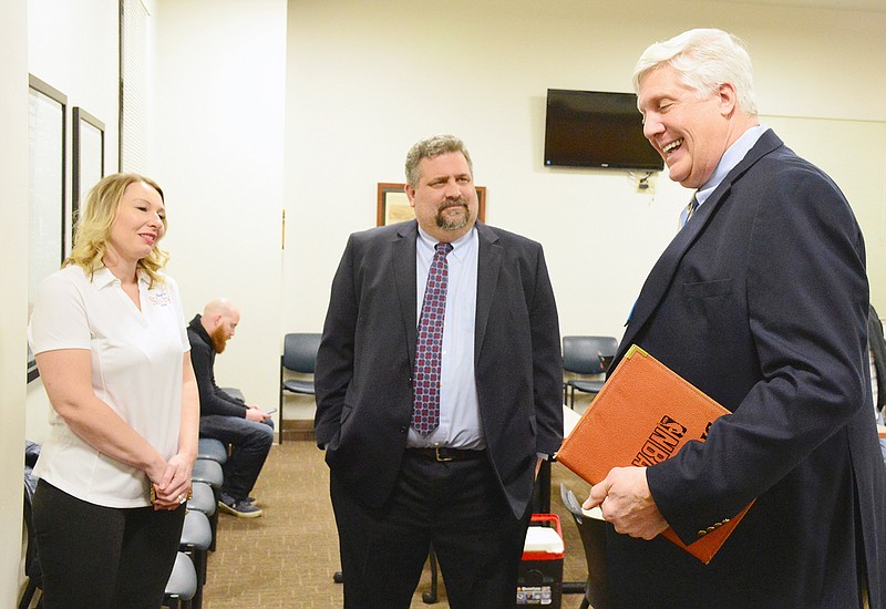 Municipal judge candidates, from left, Angela Silvey, Brian Stumpe and Tim Anderson talk prior to Thursday's Municipal Judge Candidate Forum hosted by the Cole County Republican Club at the Cole County Sheriff's Office.