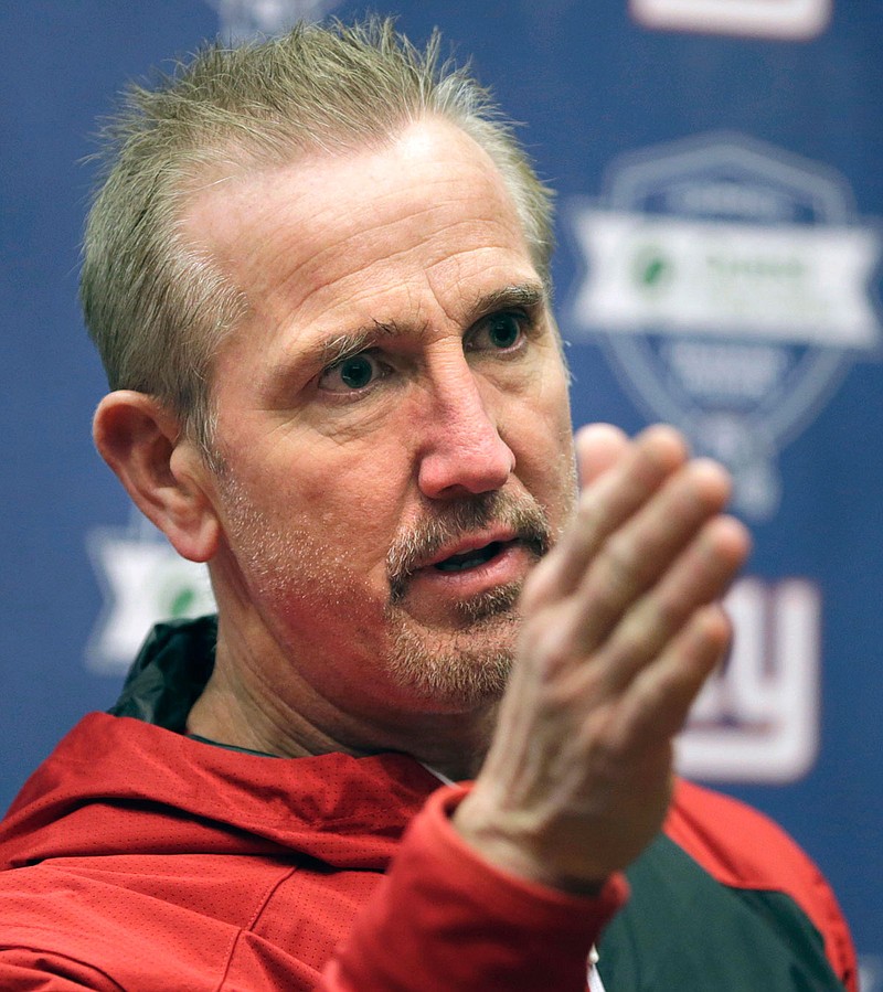 In this Jan. 5, 2017, file photo, Giants defensive coordinator Steve Spagnuolo talks to reporters in East Rutherford, N.J. The Chiefs recently hired Spagnuolo as their defensive coordinator.