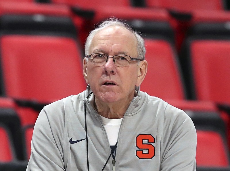 In this March 15, 2018, file photo, Syracuse head coach Jim Boeheim watches during a practice for an NCAA men's college basketball tournament first-round game, in Detroit. Police say Syracuse men's basketball coach Jim Boeheim struck and killed a 51-year-old man walking outside his vehicle on a highway near Syracuse, N.Y., Wednesday, Feb. 20, 2019. (AP Photo/Carlos Osorio, File)