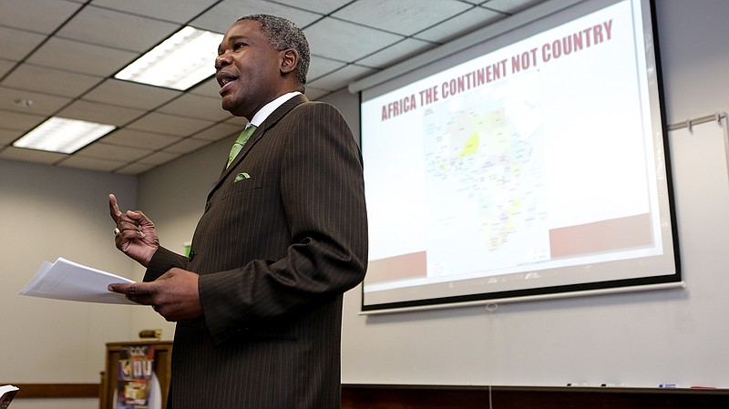 Johnny Riley Jr. presents "A Look at Africa and Life Lessons," on Thursday in Levi Hall conference room at Texarkana College. Riley spoke about his experiences traveling to many countries and the knowledge he acquired while interacting with different cultures.