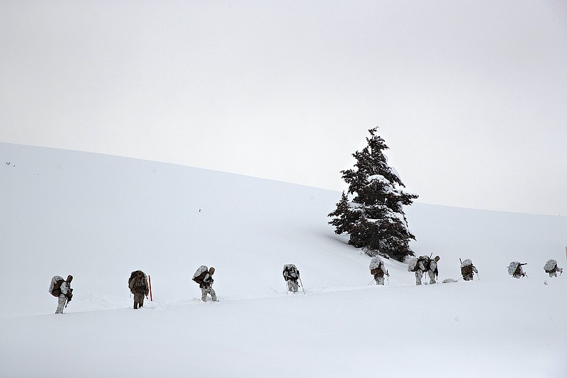 A group of U.S. Marines walk along a snow-covered trail during advanced cold-weather training at the Marine Corps Mountain Warfare Training Center Sunday, Feb. 10, 2019, in Bridgeport, Calif. After 17 years of war against Taliban and al-Qaida-linked insurgents, the military is shifting its focus to better prepare for great-power competition with Russia and China, and against unpredictable foes such as North Korea and Iran. (AP Photo/Jae C. Hong)