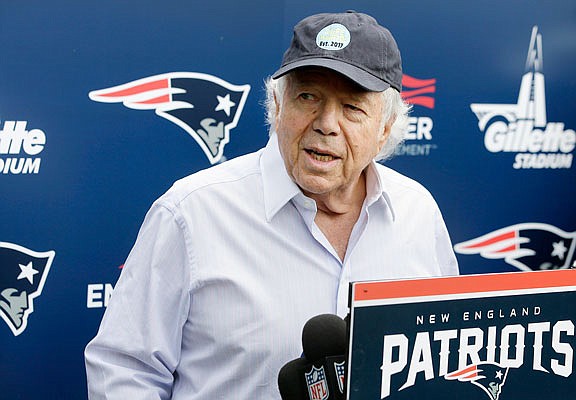 Patriots owner Robert Kraft speaks with reporters following a minicamp practice session last year in Foxborough, Mass.