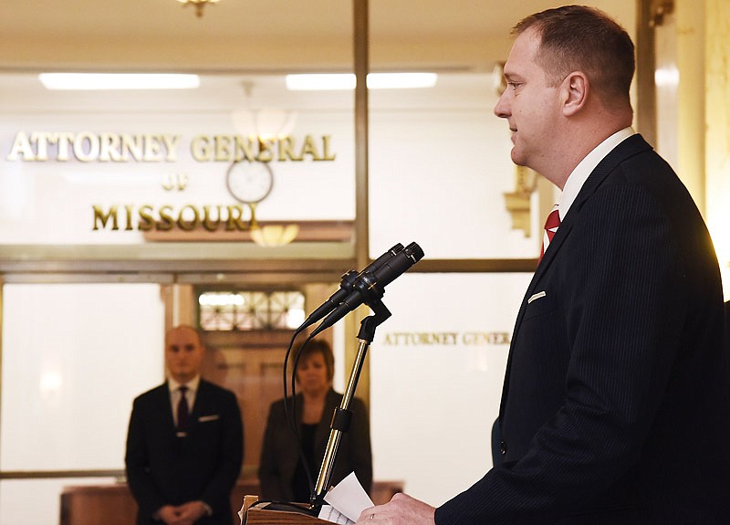 Eric Schmitt speaks after being sworn in as Missouri's 43rd attorney general Thursday, Jan. 3, 2019, at the Missouri Supreme Court building in Jefferson City.